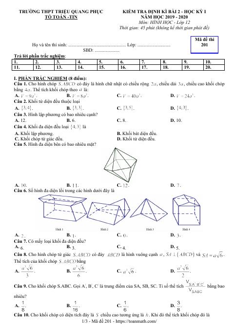 Đề kiểm tra Hình học 12 chương 1 năm 2019 – 2020 trường Triệu Quang Phục – Hưng Yên (bản Word)